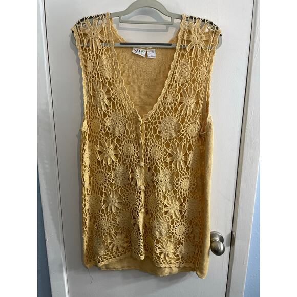 Vintage Sweater Vest Medium Yellow Floral Open Knit Spring Granny Core Hippie - Picture 1 of 5